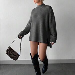 Cozy Mock High Neck Long Sleeve Slit Hi Low Hem Knit Sweater